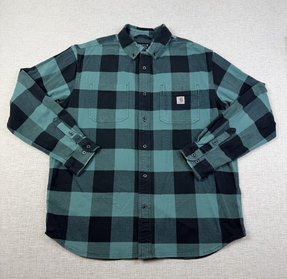 Carhartt Flannel Shirt Men’s Large Green Black Buffalo Plaid Relaxed Fit